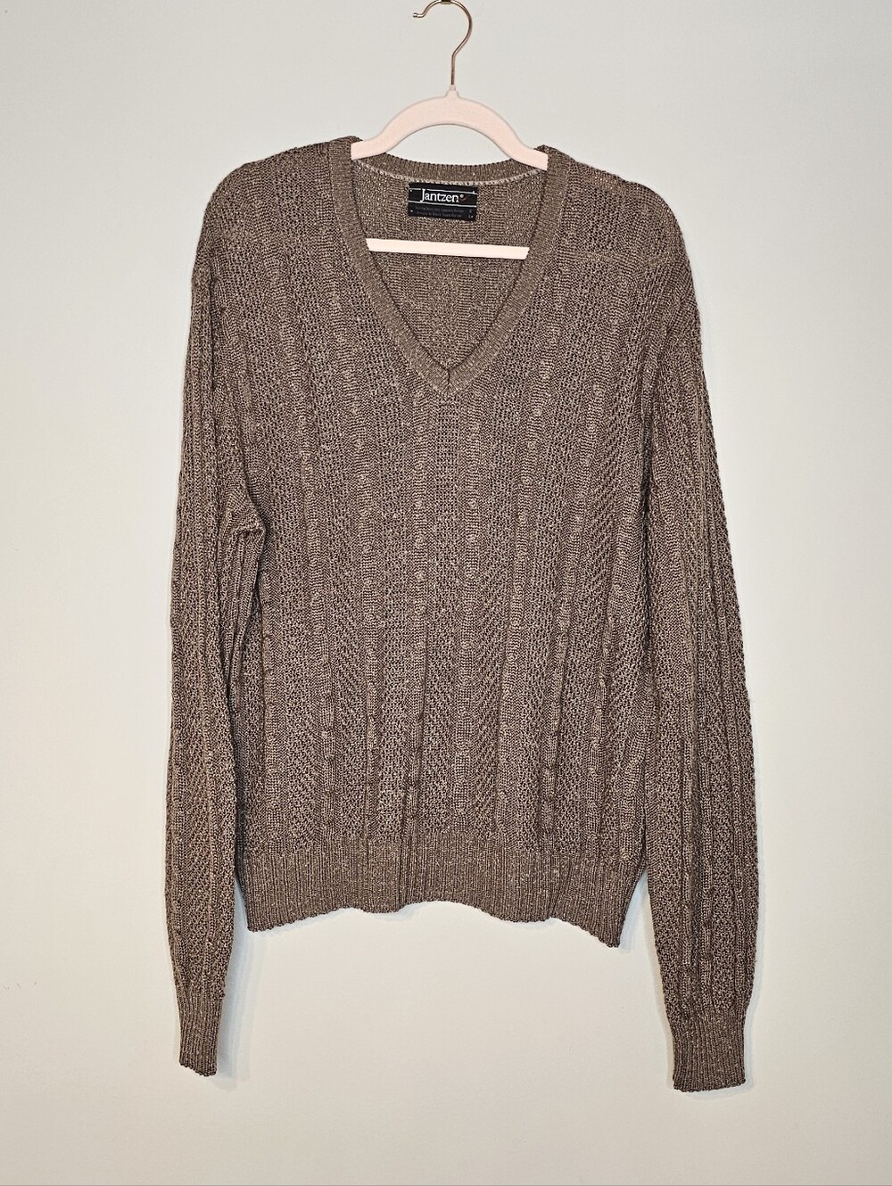 Vintage Jantzen Cable Knit V Neck Sweater XL Brown